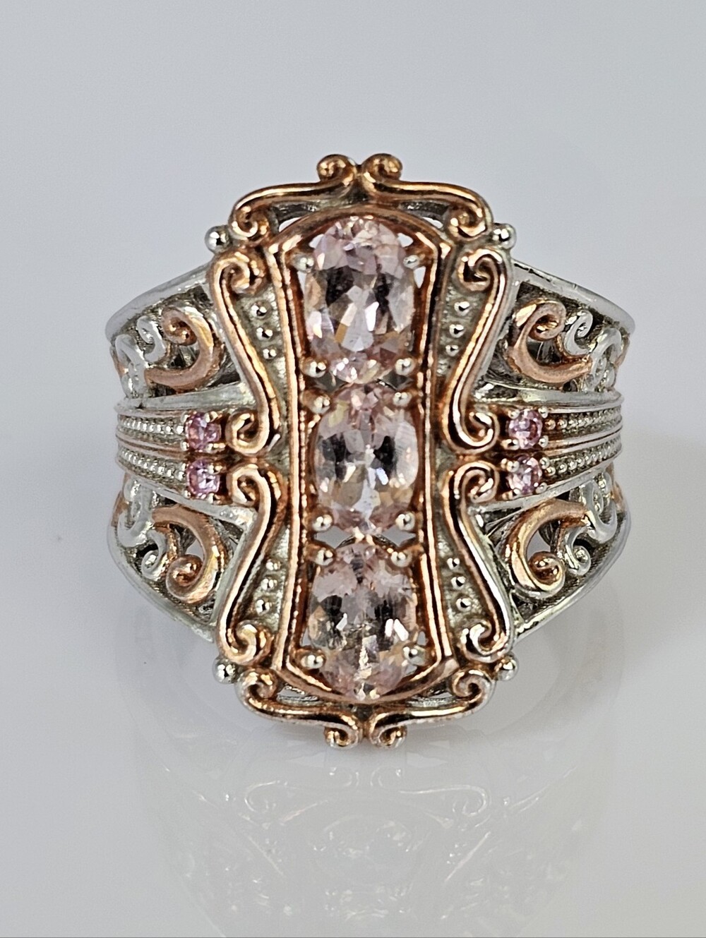 Genuine Morganite & Sapphire Ring 18K Rose Gold Palladium Sterling Silver Sz 7 - Picture 9 of 11
